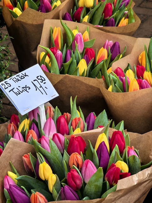 Multiple bouquets of fresh tulips with vibrant pink, yellow, orange, and purple petals, wrapped in brown kraft paper, are arranged on a surface, ready for flower delivery. The tulips have green stems 