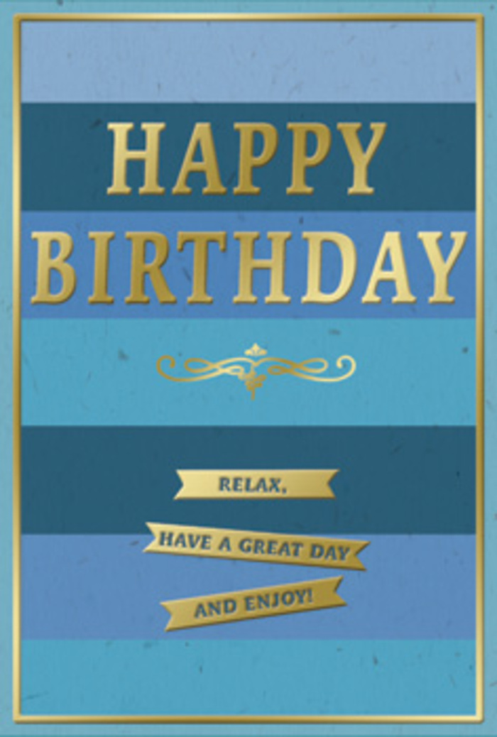 The birthday card in the photograph is a study in calm colour and quiet luxury, perfectly suited to a thoughtful celebration in Abbey Wood. Its background is composed of wide, horizontal stripes that transition smoothly from a deep, velvety navy at the top through several mid-blue tones until they reach a light, almost pastel sky blue at the bottom. This graduated ombre effect feels like watching the daylight change over the treetops that line Abbey Wood's paths, moving gently from shadow to soft brightness.
Across the card's centre, the greeting HAPPY BIRTHDAY is embossed in large, metallic gold capitals. Each letter is crisply defined and slightly raised, catching the light with a subtle sheen that adds depth and elegance. The gold is warm and inviting rather than overpowering, standing in beautiful contrast to the cooler blue tones behind it. Just below the main message, a delicate golden flourish spans the width of the card. Its looping, decorative lines introduce a touch of vintage charm, suggesting care and craftsmanship.
Further down, three slim, horizontal gold banners are carefully stacked. Each banner holds a portion of the friendly phrase Relax, have a great day and enjoy! Together, they read like a gentle set of instructions for making the most of a birthday - an invitation to pause, breathe, and appreciate the moment. A fine gold line frames the entire design, giving the card the appearance of a small, well-composed artwork. The card stock appears smooth and softly matte, with the gold embossing adding tactile interest. Imagined on a coffee table beside a fresh birthday arrangement from a local Abbey Wood florist, the card radiates composed joy, combining cool blue tranquility with a warm golden glow that feels intimate, kind, and sincerely meant.