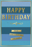 This image presents a graceful birthday card with a balanced, calming design that feels right at home in the peaceful corners of Abbey Wood. The card's background is made up of broad, horizontal stripes in varying shades of blue, shifting from a rich, dark navy at the top to a gentle, pale blue at the bottom. The stripes blend into one another with a soft ombre transition, evoking a layered sky or distant horizon, and setting a tranquil tone for the greeting.
Centered across the middle of the card is the main message, HAPPY BIRTHDAY, stamped in large, embossed gold capital letters. The metallic finish reflects the light subtly, giving the text a celebratory glow without overwhelming the restful background. Just beneath this greeting, a delicate golden flourish stretches horizontally, its fine, curling lines adding an old-world elegance that contrasts pleasingly with the straightforward stripes.
Below the flourish, three narrow golden banners are neatly arranged in a vertical stack. Each banner carries part of a warm birthday wish, and together they read: Relax, have a great day and enjoy! The words feel friendly and unhurried, like advice offered over a cup of tea at home in Abbey Wood. A slim gold border runs around the edge of the card, framing the entire design and echoing the metallic accents within. The card surface appears soft and matte, while the raised gold elements look smooth and reflective, inviting touch. Paired in the imagination with a fresh bouquet waiting on a windowsill, this card conveys a sense of gentle celebration - a combination of cool blue serenity and golden light that invites the recipient to celebrate their birthday with ease, comfort, and quiet happiness.